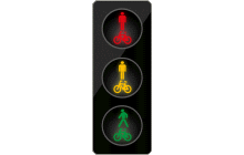 Svět. signály „Tříbarevná soustava se signály pro chodce a cyklisty“. S 11a - Signál pro chodce a cyklisty se znamením „Stůj!“ S 11b - Signál pro chodce a cyklisty se znamením „Pozor!“ S 11c - Signál pro chodce a cyklisty se znamením „Volno“ Je-li sestava umístěna u přejezdu pro cyklisty přimknutého k přechodu pro chodce, platí pro cyklisty stejně jako pro chodce signály umístěné na druhé straně pozemní komunikace. V takovém případě lze užít dvoubarevnou signální soustavu se znamením „Stůj!“ a „Volno“. TestImage